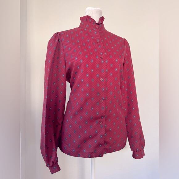 Vintage ‘70s Ship ‘n Shore Burgundy Long Sleeve Collared Button Down Blouse - Picture 3 of 9